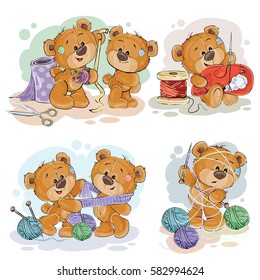 Set of vector clip art illustrations of teddy bears and their hand maid hobby - sewing, knitting