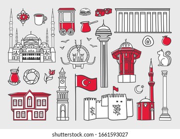 Set of vector clip art Symbols of Ankara, Turkey. Mausoleum, Ottoman house, mosque, monuments and other Turkish landmarks. Travel to Turkey card design. Souvenir print and city promotion design.