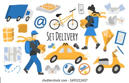 Set of vector clipart delivery. Courier man and woman with boxes and backpacks. Symbols of delivery, payment, dispatch of goods, transport. Food and flower delivery, pizza. Isolated illustration in