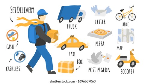 Set of vector clipart delivery. Courier man and woman with boxes and backpacks. Symbols of delivery, payment, dispatch of goods, transport. Isolated illustration in flat style on a white background