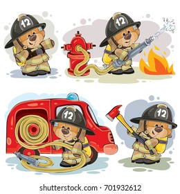 Set of vector clipart illustrations of teddy bear firefighter with rescue equipment isolated on white. Prints, design elements