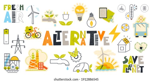 A set of vector clipart on the theme of an alternative energy.