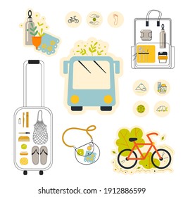 A set of vector clipart on the theme of a zero waste lifestyle on trips and travels.