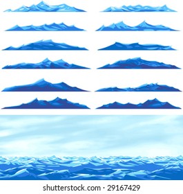 Set of vector clip-art waves. They can be combined together to produce a variety of seascapes like the one shown at the bottom.