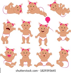 Conjunto de partes vectoriales de una niña euroasiática con piel clara, pelo naranja y ojos verdes. Colección de once poses y expresiones faciales de un niño desnudo en pañales y arcos rosas
