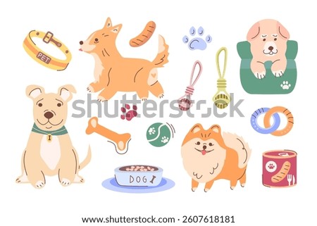 A set of vector cliparts with purebred pets, accessories for animals and food. Cute dogs in different poses colorful series. A charming set with dogs for the design of advertising services for animals
