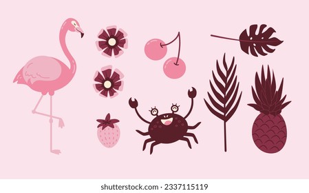 Set of vector cliparts tropical pattern, flamingo and crabs, vectro illustrations, pink design, fruits, floral, strawberry, summer icecream, cards, wallpaper, packing
