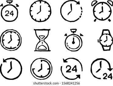 
Set of vector clock icons, in hand drawing style. There are clocks, alarm, timers, countdown.