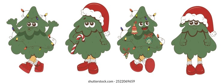 A set of vector clockwork Christmas trees in a groovy style. A Christmas tree with lanterns in a Santa Claus hat for the design of packages and postcards. Merry Christmas and Happy New Year.