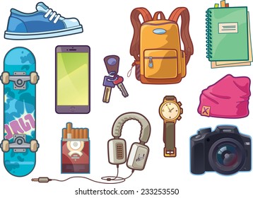 Set of the vector clothes and accessories: sneaker, watch, keys, smartphone, DSLR camera, headphones, skateboard deck, backpack, beanie headwear,  notepad with a bookmarks and a pack of cigarettes.