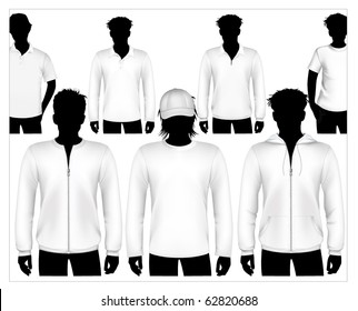 Set of vector clothes design template with human body silhouette.