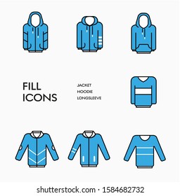 Set of vector clothing icons with blue fill and black stroke. Templates for web and print.