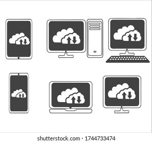Set of vector cloud icons with the image inside the sync sign for cloud technology