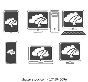 Set of vector cloud icons with the image inside the handset sign for cloud technology