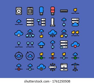The set of vector cloud and server icons in the colored line style