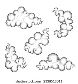 Conjunto de nubes vectoriales al estilo asiático, chino, japonés. Nubes orientales de diferentes formas. Ilustración de caricatura aislada en fondo blanco