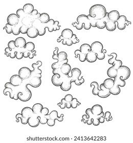 Set of vector clouds in asian, chinese, japanese style. Oriental clouds in different shapes. Cartoon illustration isolated on white background