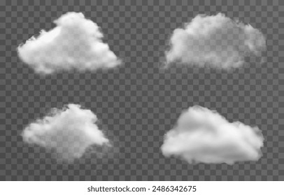 Conjunto de nubes de Vector, niebla o humo sobre un fondo transparente aislado. Nube, humo, png.