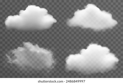 Conjunto de nubes de Vector, niebla o humo sobre un fondo transparente aislado. Nube, humo, png.