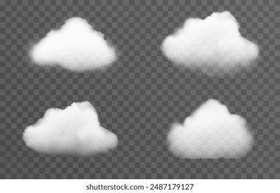 Conjunto de nubes de Vector, niebla o humo sobre un fondo transparente aislado. Nube, humo, png.