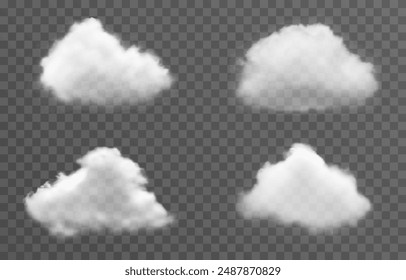 Conjunto de nubes de Vector, niebla o humo sobre un fondo transparente aislado. Nube, humo, png.