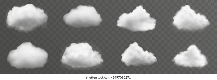 Set of vector clouds, fog or smoke on an isolated transparent background. Cloud, smoke, png.