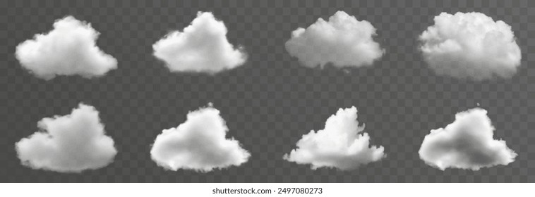 Conjunto de nubes de Vector, niebla o humo sobre un fondo transparente aislado. Nube, humo, ping.