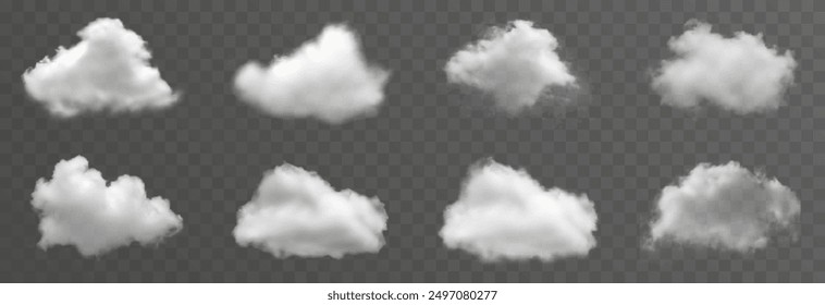 Set of vector clouds, fog or smoke on an isolated transparent background. Cloud, smoke, png.