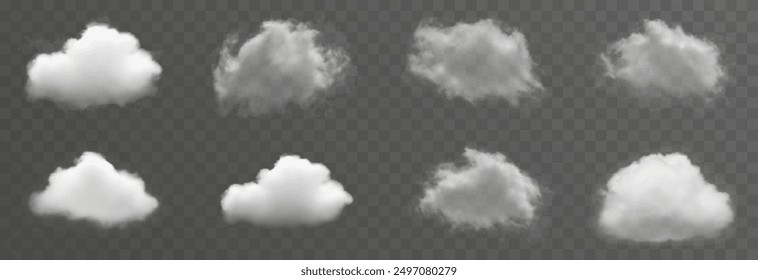 Set of vector clouds, fog or smoke on an isolated transparent background. Cloud, smoke, png.