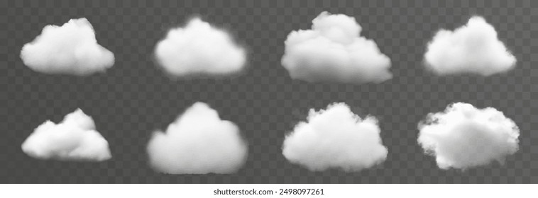 Set of vector clouds, fog or smoke on an isolated transparent background. Cloud, smoke, png.