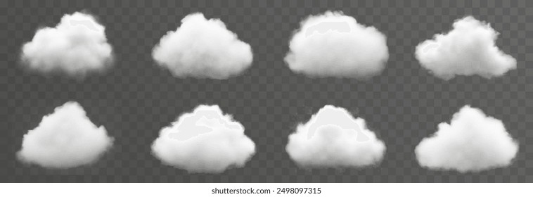 Set of vector clouds, fog or smoke on an isolated transparent background. Cloud, smoke, png.