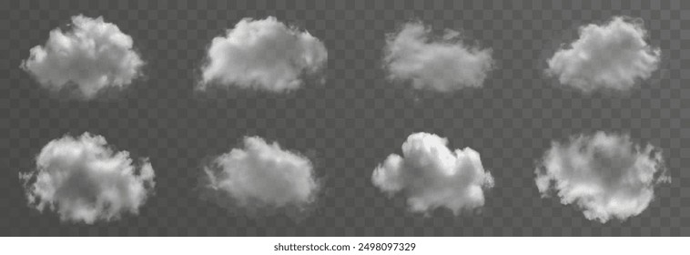 Set of vector clouds, fog or smoke on an isolated transparent background. Cloud, smoke, png.