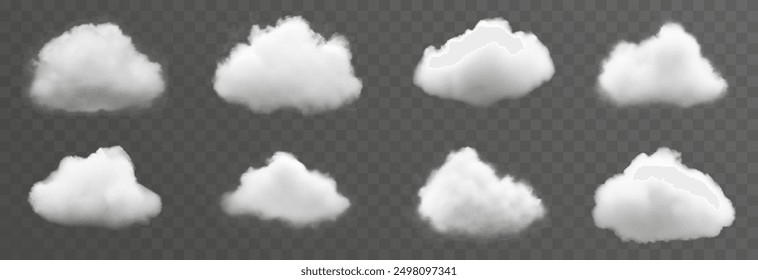 Set of vector clouds, fog or smoke on an isolated transparent background. Cloud, smoke, png.