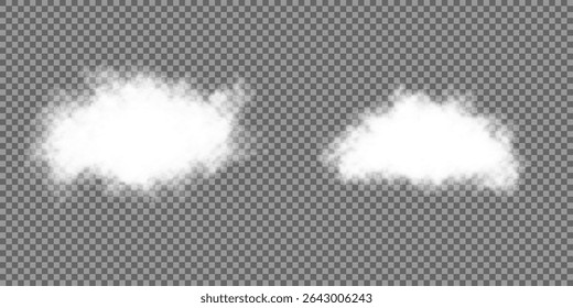 Set of vector clouds, fog or smoke on an isolated transparent background. Vector illustration. Cloud, smoke, fog png. White realistic 3D vector isolated cloud on the transparent background.Vector set.