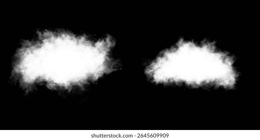 Set of vector clouds, fog or smoke on an isolated transparent background. Vector illustration. Cloud, smoke, fog png. White realistic 3D vector isolated cloud on the transparent background.Vector set.