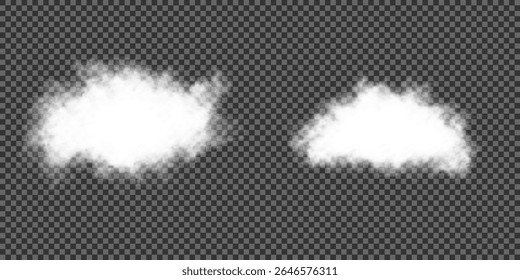 Set of vector clouds, fog or smoke on an isolated transparent background. Vector illustration. Cloud, smoke, fog png. White realistic 3D vector isolated cloud on the transparent background.Vector set.