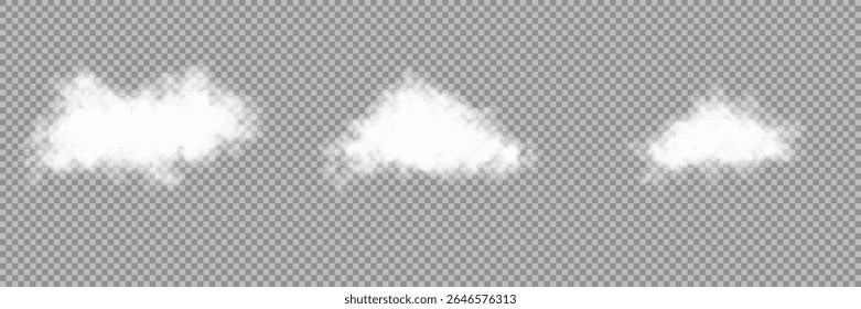 Set of vector clouds, fog or smoke on an isolated transparent background. Vector illustration. Cloud, smoke, fog png. White realistic 3D vector isolated cloud on the transparent background.Vector set.