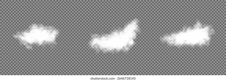 Set of vector clouds, fog or smoke on an isolated transparent background. Vector illustration. Cloud, smoke, fog png. White realistic 3D vector isolated cloud on the transparent background.Vector set.