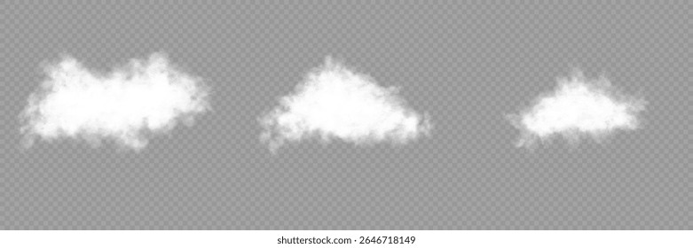 Set of vector clouds, fog or smoke on an isolated transparent background. Vector illustration. Cloud, smoke, fog png. White realistic 3D vector isolated cloud on the transparent background.Vector set.
