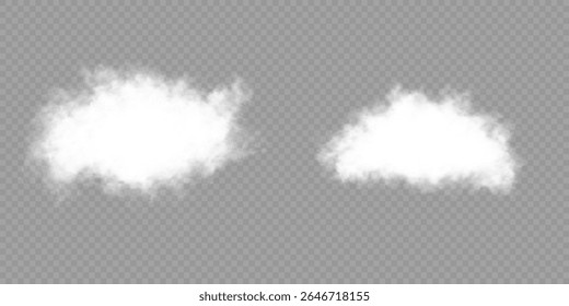 Set of vector clouds, fog or smoke on an isolated transparent background. Vector illustration. Cloud, smoke, fog png. White realistic 3D vector isolated cloud on the transparent background.Vector set.