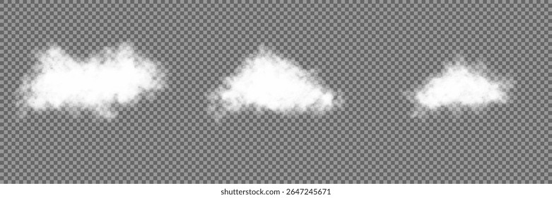 Set of vector clouds, fog or smoke on an isolated transparent background. Vector illustration. Cloud, smoke, fog png. White realistic 3D vector isolated cloud on the transparent background.Vector set.