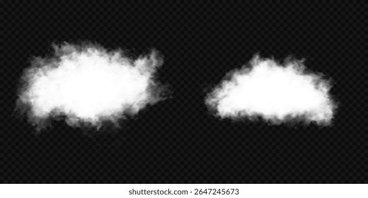 Set of vector clouds, fog or smoke on an isolated transparent background. Vector illustration. Cloud, smoke, fog png. White realistic 3D vector isolated cloud on the transparent background.Vector set.
