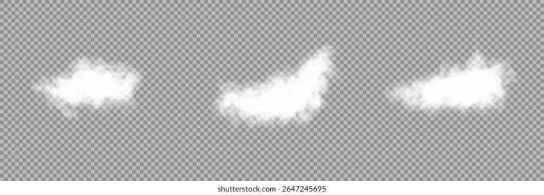Set of vector clouds, fog or smoke on an isolated transparent background. Vector illustration. Cloud, smoke, fog png. White realistic 3D vector isolated cloud on the transparent background.Vector set.