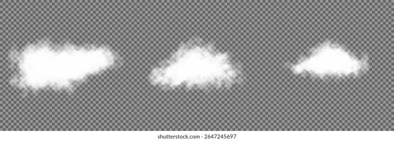 Set of vector clouds, fog or smoke on an isolated transparent background. Vector illustration. Cloud, smoke, fog png. White realistic 3D vector isolated cloud on the transparent background.Vector set.