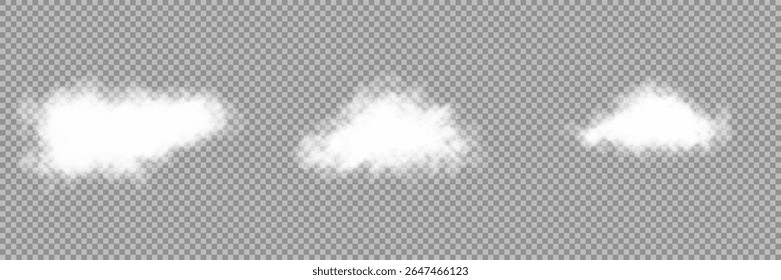 Set of vector clouds, fog or smoke on an isolated transparent background. Vector illustration. Cloud, smoke, fog png. White realistic 3D vector isolated cloud on the transparent background.Vector set.