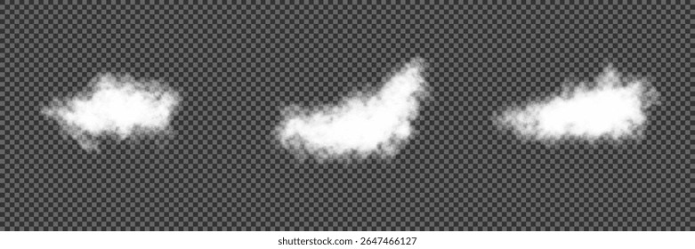 Set of vector clouds, fog or smoke on an isolated transparent background. Vector illustration. Cloud, smoke, fog png. White realistic 3D vector isolated cloud on the transparent background.Vector set.