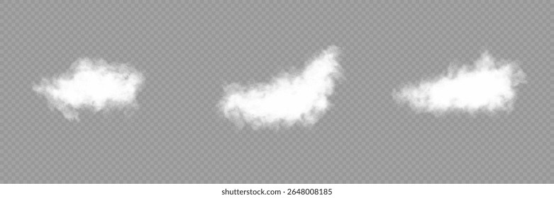 Set of vector clouds, fog or smoke on an isolated transparent background. Vector illustration. Cloud, smoke, fog png. White realistic 3D vector isolated cloud on the transparent background.Vector set.