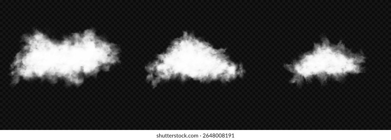 Set of vector clouds, fog or smoke on an isolated transparent background. Vector illustration. Cloud, smoke, fog png. White realistic 3D vector isolated cloud on the transparent background.Vector set.