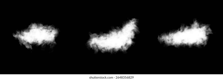 Set of vector clouds, fog or smoke on an isolated transparent background. Vector illustration. Cloud, smoke, fog png. White realistic 3D vector isolated cloud on the transparent background.Vector set.