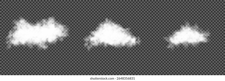 Set of vector clouds, fog or smoke on an isolated transparent background. Vector illustration. Cloud, smoke, fog png. White realistic 3D vector isolated cloud on the transparent background.Vector set.